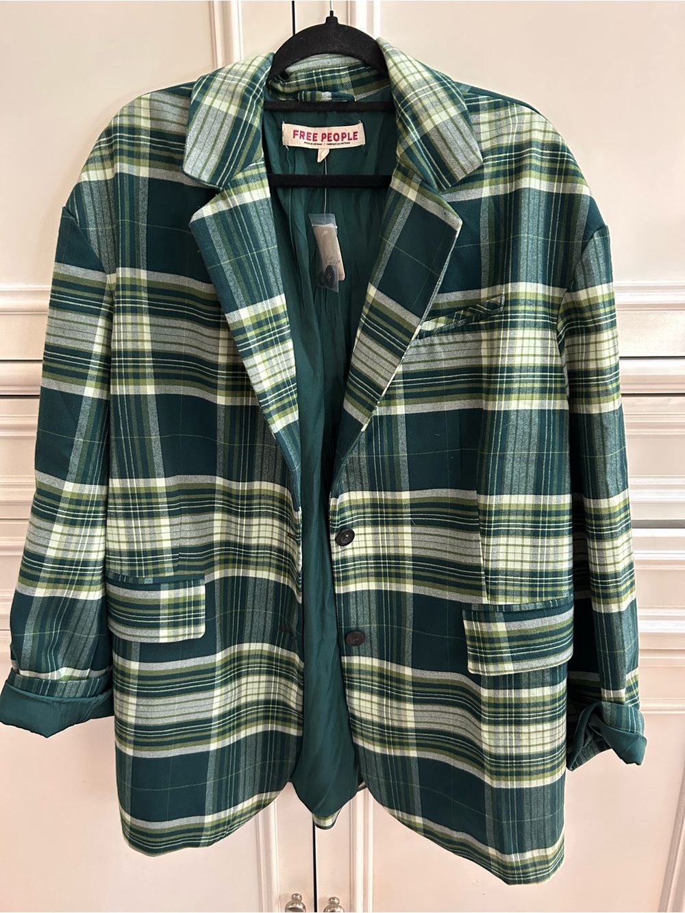 NWT Free People Dark Green Plaid Blazer